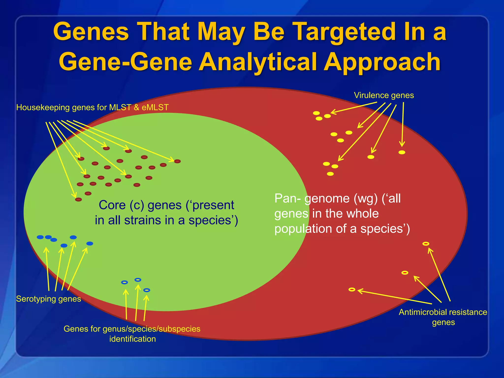 Genes That May Be Targeted In a
Gene-Gene Analytical Approach
Core (c) genes (‘present
in all strains in a species’)
Housekeeping genes for MLST & eMLST
Serotyping genes
Genes for genus/species/subspecies
identification
Virulence genes
Antimicrobial resistance
genes
Pan- genome (wg) (‘all
genes in the whole
population of a species’)
 