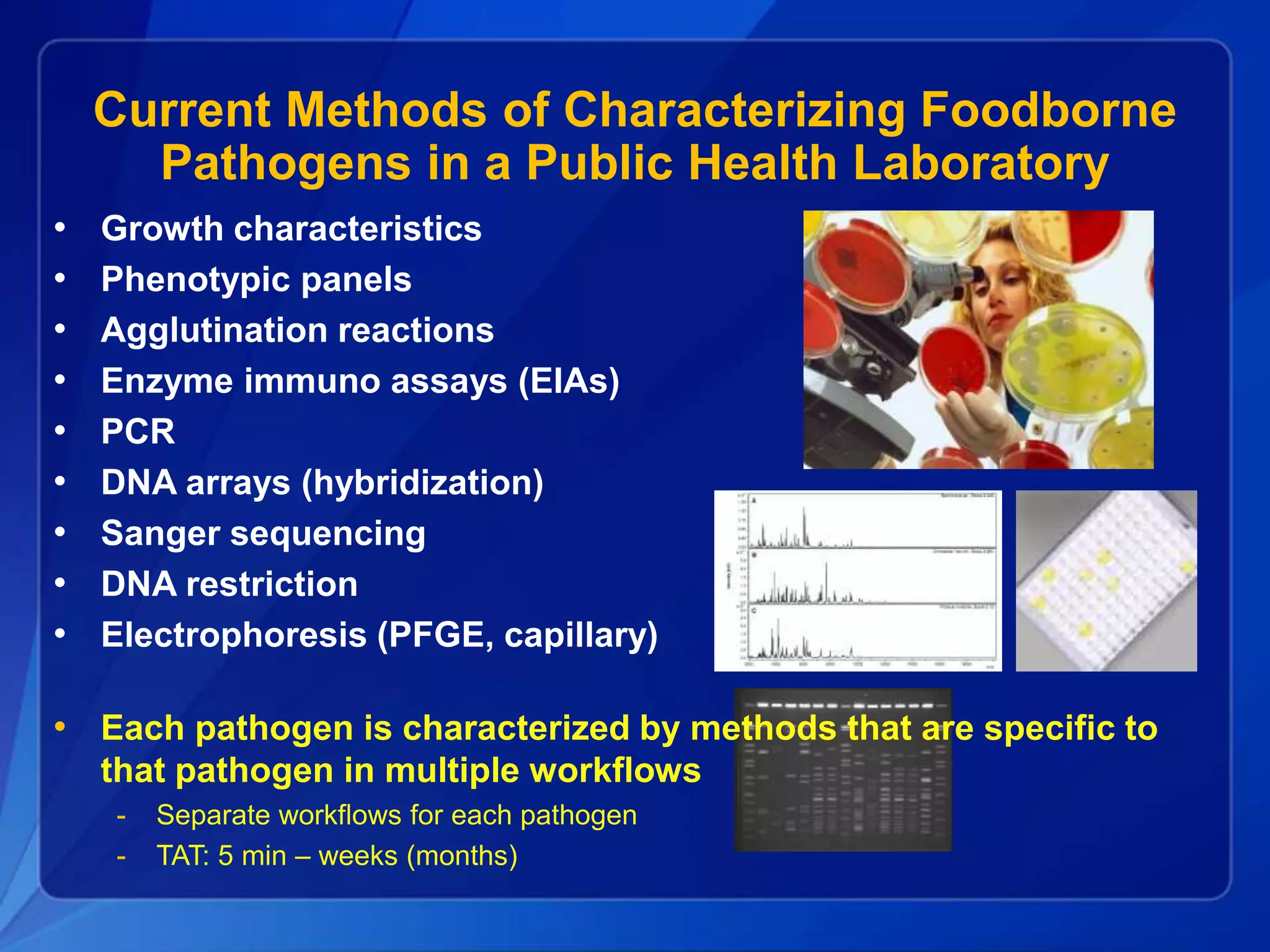 Current Methods of Characterizing Foodborne
Pathogens in a Public Health Laboratory
• Growth characteristics
• Phenotypic panels
• Agglutination reactions
• Enzyme immuno assays (EIAs)
• PCR
• DNA arrays (hybridization)
• Sanger sequencing
• DNA restriction
• Electrophoresis (PFGE, capillary)
• Each pathogen is characterized by methods that are specific to
that pathogen in multiple workflows
- Separate workflows for each pathogen
- TAT: 5 min – weeks (months)
 