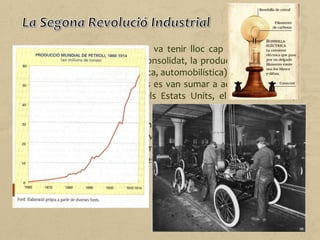 La segona revolució industrial va tenir lloc cap al 1870, quan el
sistema capitalista ja estava consolidat, la producció industrial es
va diversificar (química, elèctrica, automobilística) i quan, a més de
la Gran Bretanya, altres països es van sumar a aquesta forma de
producció (França, el Japó, els Estats Units, els Països Baixos,
Alemanya, Itàlia).
Els nous invents i màquines van contribuir a augmentar el ritme de
la industrialització, alhora que van esdevenir productes industrials
i de consum. Per exemple, el motor de combustió va fer possible
l'aparició de l'automòbil, que es va convertir en un dels principals
béns de consum.
 