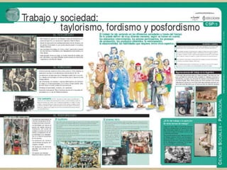 La producció industrial ha perdut el caràcter rígid i estandarditzat
del fordisme, de manera que el postfordisme es caracteritza avui
dia per una gran flexibilitat en:
• Els contractes dels treballadors, que ja no treballen durant
anys a la mateixa fàbrica realitzant les mateixes activitats, sinó
que sovint ho fan en tasques canviants i amb contractes
precaris.
• Els sistemes de producció; el procés d'elaboració d'un mateix
producte pot estar repartit entre moltes fàbriques a diferents
llocs del món.
• Els elements produïts; ja no hi ha producció massiva i
estandarditzada, sinó que depèn de la demanda, les modes i la
publicitat.
 