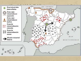 • L'àrea industrial de Madrid atreu per la seva centralitat
sectors d'alta tecnologia i inversions estrangeres.
• L'aportació d'Andalusia al volum de negocis de la indústria
espanyola és del 10%. Les indústries es localitzen a Sevilla,
Cadis i Huelva.
• La cornisa cantàbrica i Galícia aporten un 10% del volum de
negoci industrial, basat en la siderúrgia i els productes
metàl·lics. Malgrat que contenen zones molt actives, hi ha
àrees discontínues sense industrialitzar.
• El centre peninsular, amb una mica més del 40% del territori
espanyol, amb prou feines sobrepassa el 10% del volum
industrial del país. Es concentra a Valladolid i Burgos.
• Illes Balears i Canàries: els arxipèlags tenen un pes industrial
menor.
 