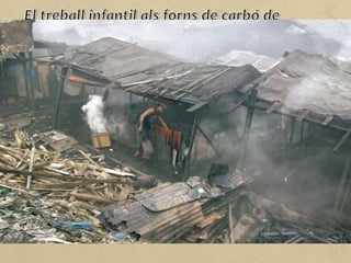 A prop de Manila hi ha Smokey Mountain, on existien uns 200 forns de
carbó. Estaven actius les 24 hores del dia i al voltant seu hi vivien unes
2000 famílies. Cada sac de carbó es podia vendre per uns 400 pesos (7
euros).
Per treballar als forns, les famílies acostumaven a recórrer a la mà d'obra
extra i barata dels nens de Smokey Mountain. La feina depenia de l'edat:
els més petits (no més de vuit o nou anys) anaven de forn en forn,
carregats amb sacs que omplien amb claus, frontisses, cargols, petites
peces, etc., i amb això aconseguien treure una mica menys d'un dòlar
per sac.
A mesura que els nens creixien, els treballs s'endurien. Havien de netejar
els forns, però abans necessitaven refredar el terra i per a això havien de
fer continus viatges al mar carregats amb galledes d'aigua.
La vida als forns provocava moltes malalties infeccioses i respiratòries
que reduïen l'esperança de vida a 40 anys.
 