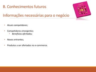 B. Conhecimentos futuros
Informações necessárias para o negócio
• Atuais competidores;
• Competidores emergentes:
• Benefícios ofertados;
• Novos entrantes;
• Produtos a ser ofertados no e-commerce.
 