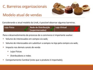 C. Barreiras organizacionais
Modelo atual de vendas
Considerando o atual modelo da Lindt, é possível observar algumas barreiras.
Para o desenvolvimento do processo de e-commerce é importante avaliar:
 Volume de interessados em compra via web;
 Volume de interessados em substituir a compra na loja pela compra via web;
 Impacto nos demais canais de venda
 Lojas Físicas
 Distribuidores e redes
 Comportamento Cambial (visto que o produto é importado);
Loja Física Rede de Distribuição
(supermercados)
Loja Virtual
 