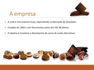 A empresa
• A Lindt é uma empresa Suíça, especializada na fabricação de chocolates.
• Fundada em 1845 e com faturamento acima dos US$ 3B dólares.
• O objetivo é monitorar o desempenho de canais de venda alternativos.
 