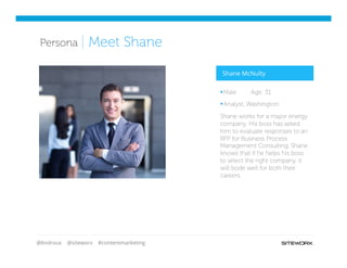 @lindroux @siteworx #contentmarketing
Competitive
ArtifactsPersona | Meet Shane
§ Male Age: 31
§ Analyst, Washington
Shane works for a major energy
company. His boss has asked
him to evaluate responses to an
RFP for Business Process
Management Consulting. Shane
knows that if he helps his boss
to select the right company, it
will bode well for both their
careers.
Shane McNulty
 