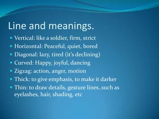 Line and meanings.
 Vertical: like a soldier, firm, strict
 Horizontal: Peaceful, quiet, bored
 Diagonal: lazy, tired (it’s declining)
 Curved: Happy, joyful, dancing
 Zigzag: action, anger, motion
 Thick: to give emphasis, to make it darker
 Thin: to draw details, gesture lines..such as
  eyelashes, hair, shading, etc
 