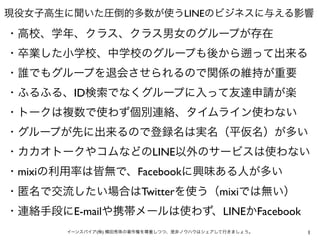 1イーンスパイア(株) 横田秀珠の著作権を尊重しつつ、是非ノウハウはシェアして行きましょう。
現役女子高生に聞いた圧倒的多数が使うLINEのビジネスに与える影響
・高校、学年、クラス、クラス男女のグループが存在
・卒業した小学校、中学校のグルー...
