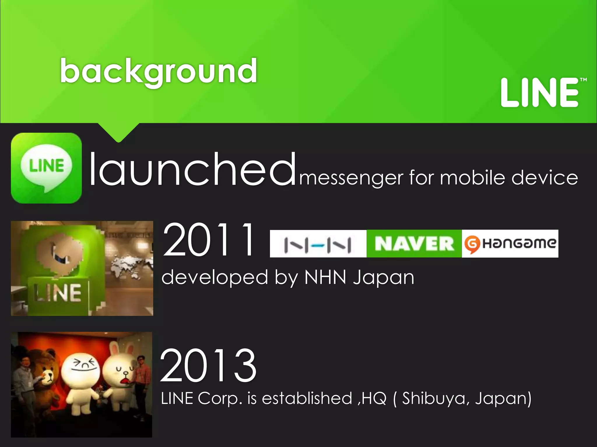 background
launchedmessenger for mobile device
2011
developed by NHN Japan
2013
LINE Corp. is established ,HQ ( Shibuya, Japan)