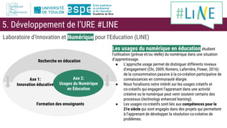 Laboratoire d'Innovation et Numérique pour l'Education (LINE)
Recherche en éducation
Formation des enseignants
Axe 2:
Usag...