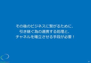 その後のビジネスに繋がるために、
引き継ぐ為の連携する処理理と、
チャネルを確⽴立立させる⼿手段が必要！
17
 