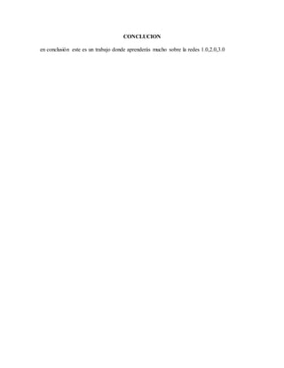 CONCLUCION
en conclusión este es un trabajo donde aprenderás mucho sobre la redes 1.0,2.0,3.0
 