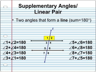 Supplementary Angles/ Linear Pair <ul><li>Two angles that form a  line  (sum=180  )  </li></ul><ul><li>5+  6=180 </li></...