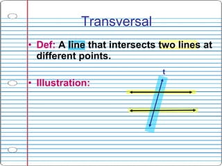 <ul><li>Def:  A line that intersects two lines at different points. </li></ul><ul><li>Illustration: </li></ul>Transversal t 