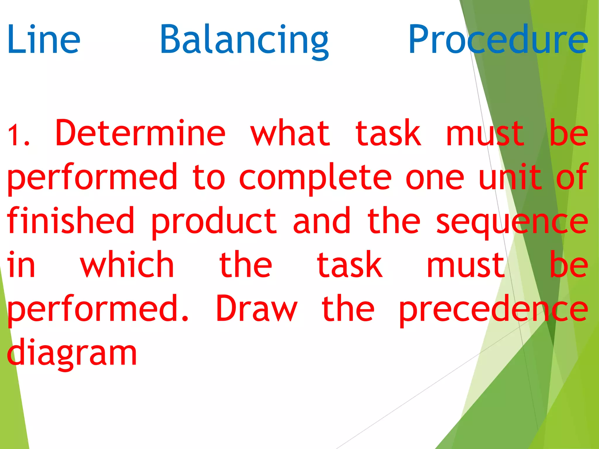 Line Balancing Procedure
1. Determine what task must be
performed to complete one unit of
finished product and the sequence
in which the task must be
performed. Draw the precedence
diagram
 
