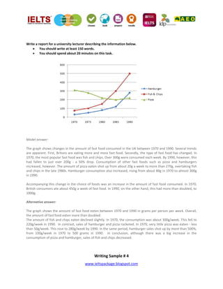 www.ieltspackage.blogspot.com
Write a report for a university lecturer describing the information below.
 You should write at least 150 words.
 You should spend about 20 minutes on this task.
Model answer:
The graph shows changes in the amount of fast food consumed in the UK between 1970 and 1990. Several trends
are apparent. First, Britons are eating more and more fast food. Secondly, the type of fast food has changed. In
1970, the most popular fast food was fish and chips. Over 300g were consumed each week. By 1990, however, this
had fallen to just over 200g - a 50% drop. Consumption of other fast foods such as pizza and hamburgers
increased, however. The amount of pizza eaten shot up from about 20g a week to more than 270g, overtaking fish
and chips in the late 1980s. Hamburger consumption also increased, rising from about 80g in 1970 to almost 300g
in 1990.
Accompanying this change in the choice of foods was an increase in the amount of fast food consumed. In 1970,
British consumers ate about 450g a week of fast food. In 1990, on the other hand, this had more than doubled, to
1000g.
Alternative answer:
The graph shows the amount of fast food eaten between 1970 and 1990 in grams per person per week. Overall,
the amount of fast food eaten more than doubled.
The amount of fish and chips eaten declined slightly. In 1970, the consumption was about 300g/week. This fell to
220g/week in 1990. In contrast, sales of hamburger and pizza rocketed. In 1970, very little pizza was eaten - less
than 50g/week. This rose to 280g/week by 1990. In the same period, hamburger sales shot up by more than 500%,
from 100g/week in 1970 to 500 grams in 1990. In conclusion, although there was a big increase in the
consumption of pizza and hamburger, sales of fish and chips decreased.
Writing Sample # 4
 