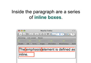 Inside the paragraph are a series
         of inline boxes.




   The emphasis element is defined as
   inline.
 
