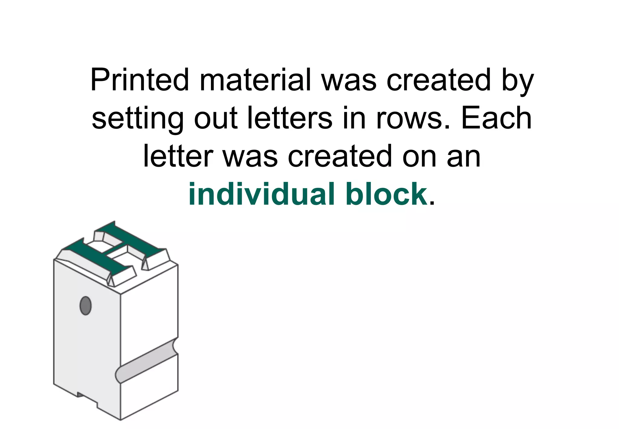 Printed material was created by
setting out letters in rows. Each
    letter was created on an
        individual block.
 