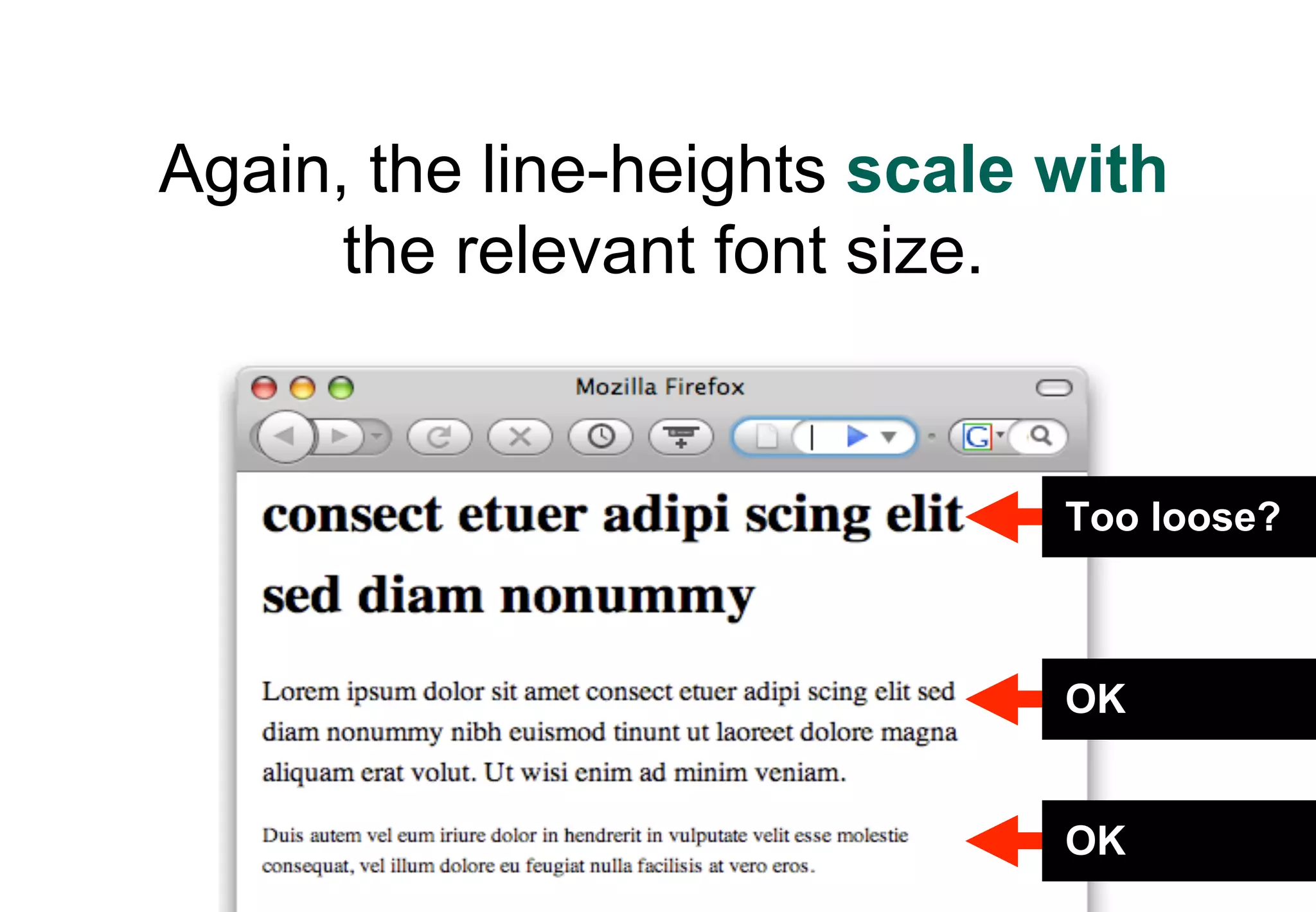 Again, the line-heights scale with
      the relevant font size.


                              Too loose?



                              OK


                              OK
 