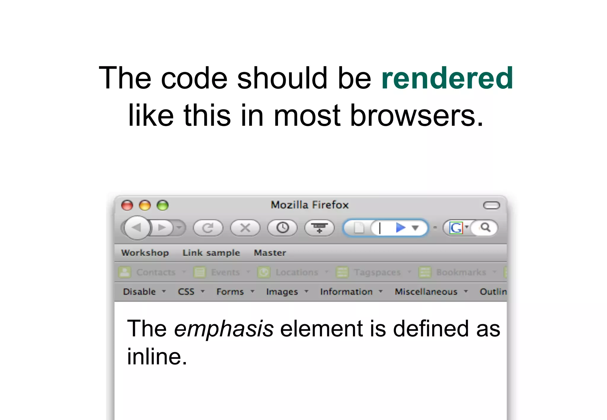 The code should be rendered
  like this in most browsers.




 The emphasis element is defined as
 inline.
 