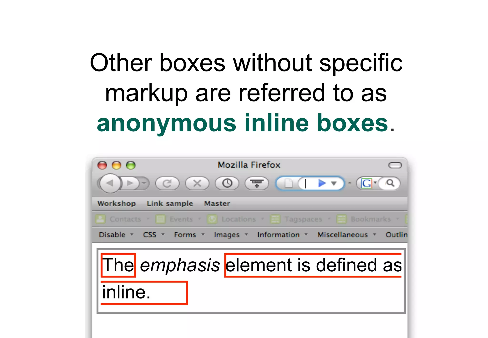 Other boxes without specific
 markup are referred to as
anonymous inline boxes.




 The emphasis element is defined as
 inline.
 