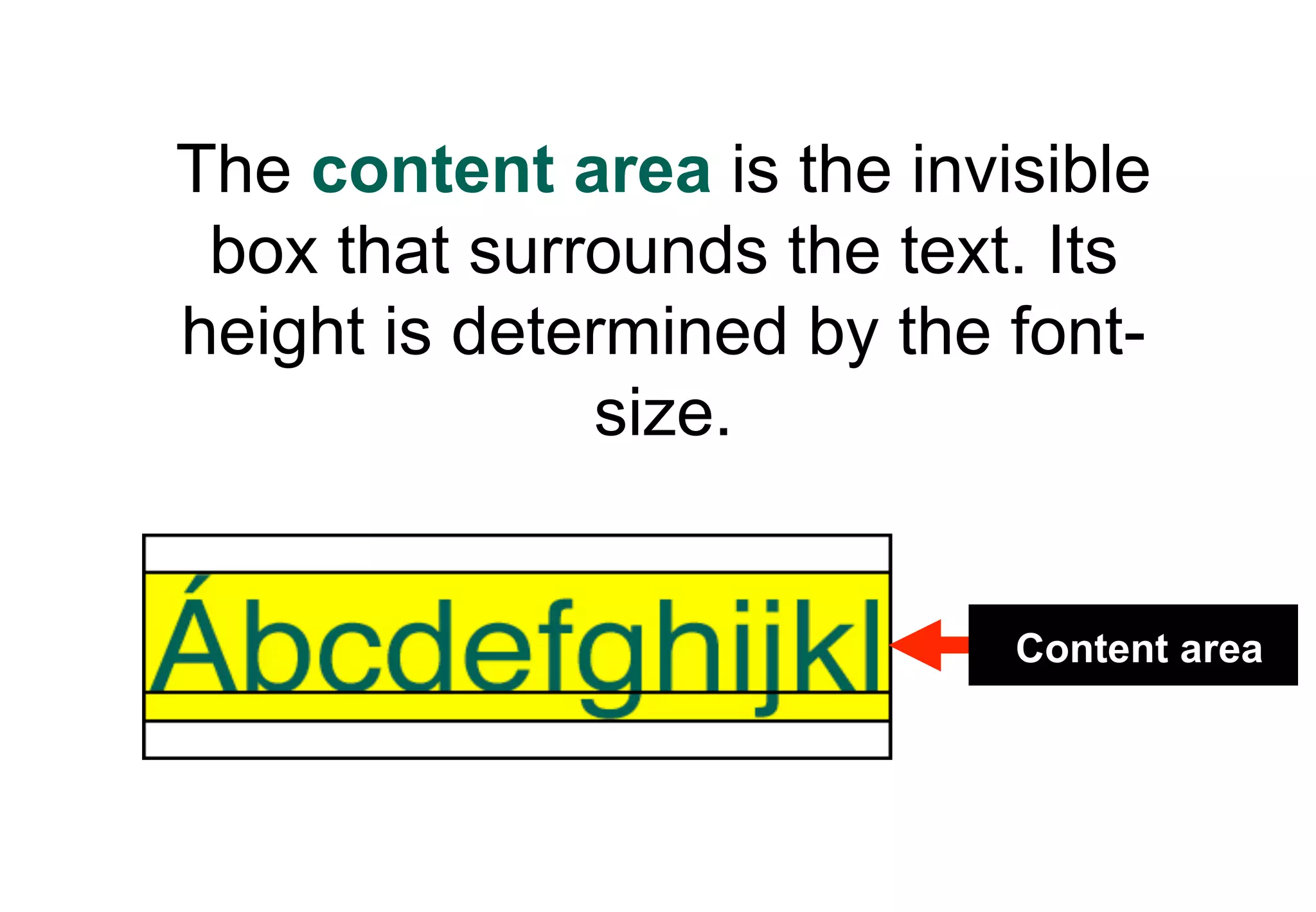 The content area is the invisible
 box that surrounds the text. Its
height is determined by the font-
               size.


                            Content area
 