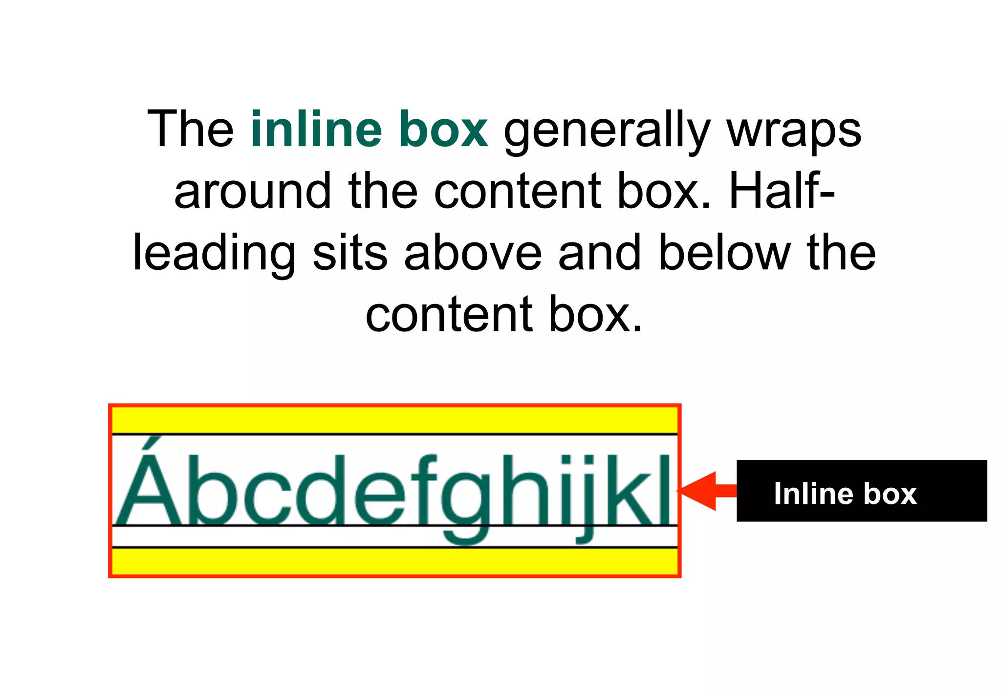 The inline box generally wraps
  around the content box. Half-
leading sits above and below the
           content box.


                           Inline box
 