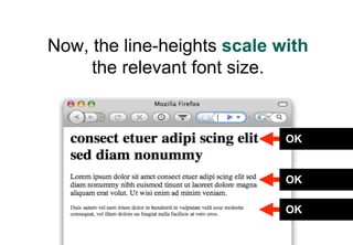 Now, the line-heights scale with
     the relevant font size.


                             OK


                             OK

                             OK
 