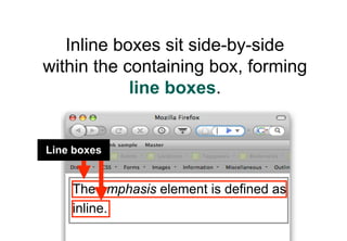 Inline boxes sit side-by-side
within the containing box, forming
            line boxes.


Line boxes


    The emphasis element is defined as
    inline.
 
