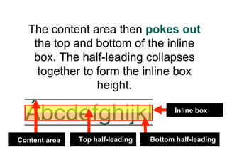 The content area then pokes out
    the top and bottom of the inline
    box. The half-leading collapses
     together to form the inline box
                 height.

                                         Inline box



Content area   Top half-leading   Bottom half-leading
 