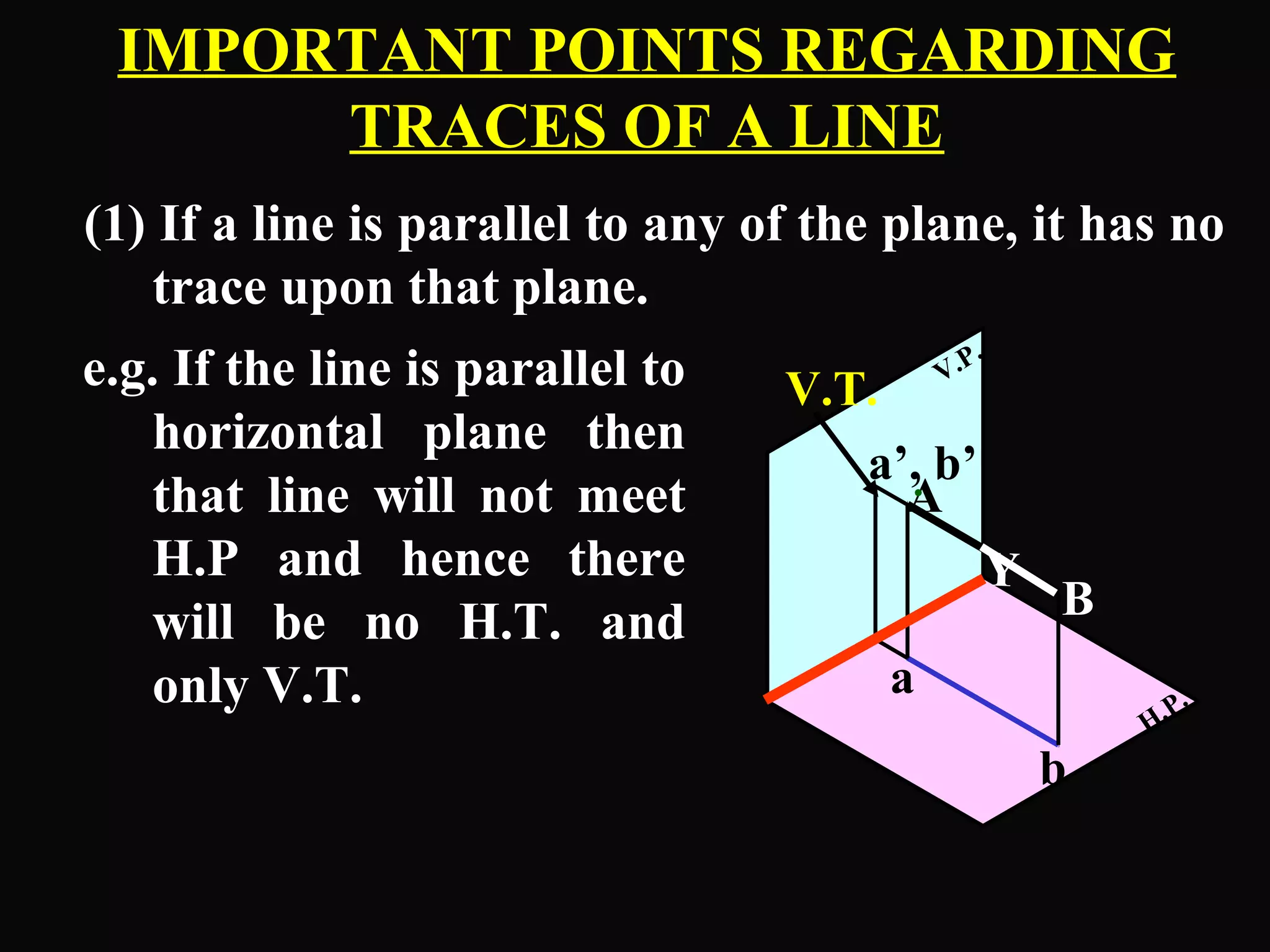 IMPORTANT POINTS REGARDING 
TRACES OF A LINE 
(1) If a line is parallel to any of the plane, it has no 
trace upon that plane. 
e.g. If the line is parallel to 
V.P. 
horizontal plane then 
that line will not meet 
H.P and hence there 
will be no H.T. and 
only V.T. 
H.P. 
a’,. b’ 
A 
B 
b 
a 
V.T. 
Y 
 