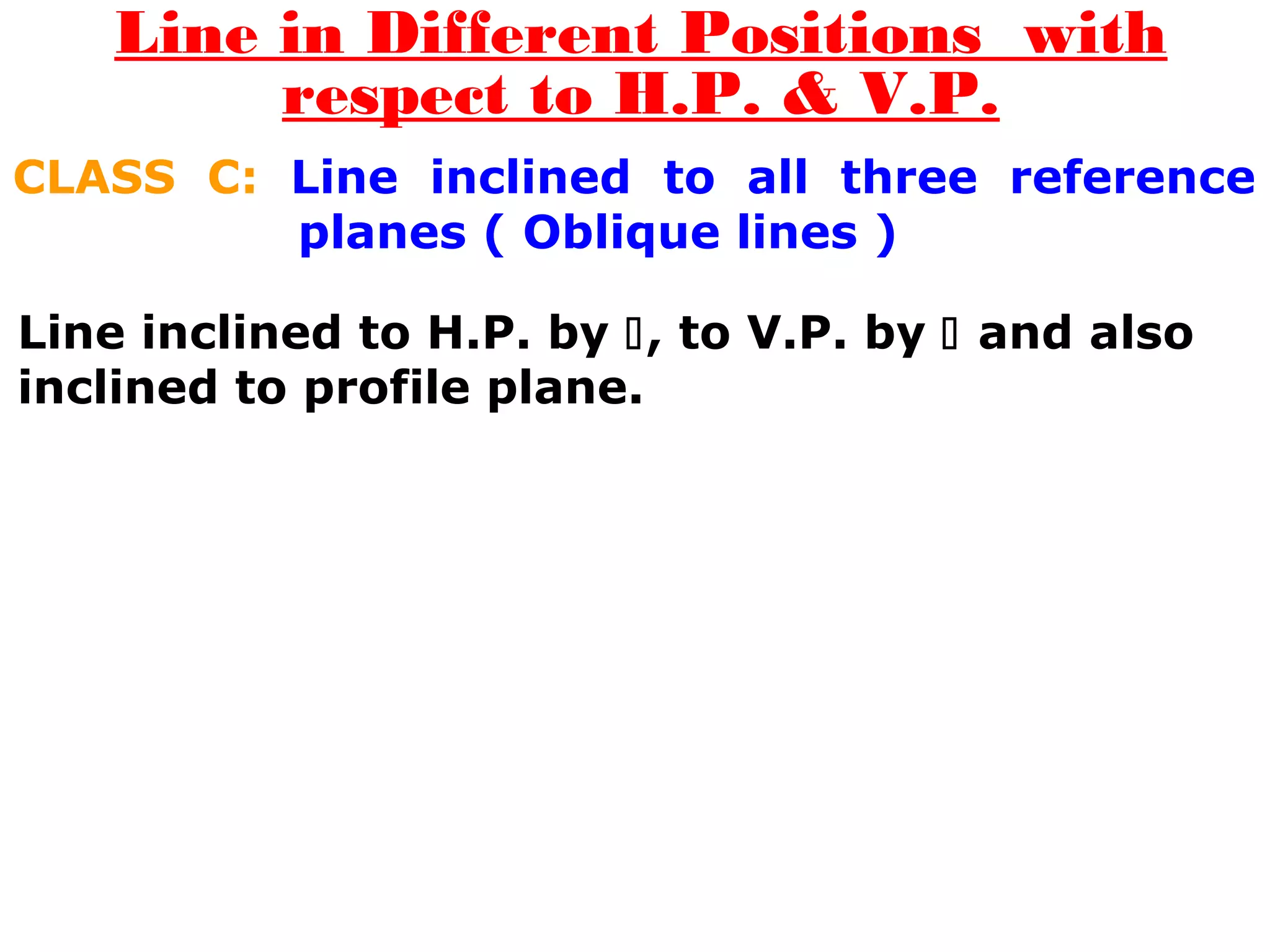 Line in Different Positions with 
respect to H.P. & V.P. 
CLASS C: Line inclined to all three reference 
planes ( Oblique lines ) 
Line inclined to H.P. by , to V.P. by  and also 
inclined to profile plane. 
 
