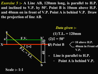 Exercise 5 :- A Line AB, 120mm long, is parallel to H.P. 
and inclined to V.P. by 50º. Point B is 10mm above H.P. 
and 40mm on in front of V.P. Point A is behind V.P. Draw 
the projection of line AB. 
. . 
a’ b’ 
10 
a 
F.V. 
X Y 
b 
= 
P.L. = T.L 
40 
Data given :- 
(1)T.L. = 120mm 
(3) Point B 10 above H.P. 
40mm in Front of 
V.P. 
- Line is parallel to H.P. 
- Point A is behind V.P. 
Scale :- 1:1 
(2)  = 50º 
. 
. 
 