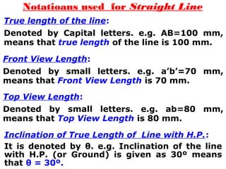 Notatioans used for Straight Line 
True length of the line: 
Denoted by Capital letters. e.g. AB=100 mm, 
means that true length of the line is 100 mm. 
Front View Length: 
Denoted by small letters. e.g. a’b’=70 mm, 
means that Front View Length is 70 mm. 
Top View Length: 
Denoted by small letters. e.g. ab=80 mm, 
means that Top View Length is 80 mm. 
Inclination of True Length of Line with H.P.: 
It is denoted by θ. e.g. Inclination of the line 
with H.P. (or Ground) is given as 30º means 
that θ = 30º. 
 