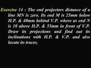 Exercise 14 : The end projectors distance of a 
line MN is zero. Its end M is 25mm below 
H.P. & 40mm behind V.P. where as end N 
is 10 above H.P. & 55mm in front of V.P. 
Draw its projections and find out its 
inclinations with H.P. & V.P. and also 
locate its traces. 
 