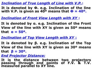 Inclination of True Length of Line with V.P.: 
It is denoted by Φ. e.g. Inclination of the line 
with V.P. is given as 40º means that Φ = 40º. 
Inclination of Front View Length with XY : 
It is denoted by α. e.g. Inclination of the Front 
View of the line with XY is given as 50º means 
that α = 50º. 
Inclination of Top View Length with XY : 
It is denoted by β. e.g. Inclination of the Top 
View of the line with XY is given as 30º means 
that β = 30º. 
End Projector Distance: 
It is the distance between two projectors 
passing through end points of F.V. & T.V. 
measured parallel to XY line. 
 
