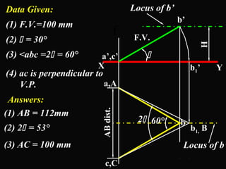 Data Given: 
(1) F.V.=100 mm f (2)  = 30° 
(3) <abc =2 = 60° 
(4) ac is perpendicular to 
a’,c’ 
V.P. a,A 
c,C 
H 
b1’ 
b1, B 
b’ 
Locus of b’ 
F.V. 
 
X Y 
2 60° 
b 
Locus of b’ 
AB dist. 
Answers: 
(1) AB = 112mm 
(2) 2 = 53° 
(3) AC = 100 mm 
 