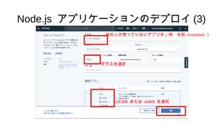 Node.js アプリケーションのデプロイ (3)
ダラスを選択
他の人が使っていないアプリ名（例　名前 -lineoekaki ）
128 MB または 64MB を選択
 