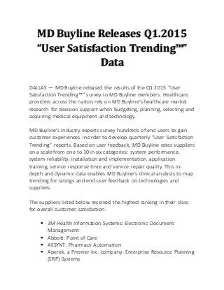MD Buyline Releases Q1.2015
“User Satisfaction Trending™”
Data
DALLAS — MD Buyline released the results of the Q1.2015 “User
Satisfaction Trending™” survey to MD Buyline members. Healthcare
providers across the nation rely on MD Buyline’s healthcare market
research for decision support when budgeting, planning, selecting and
acquiring medical equipment and technology.
MD Buyline’s industry experts survey hundreds of end users to gain
customer experiences in order to develop quarterly “User Satisfaction
Trending” reports. Based on user feedback, MD Buyline rates suppliers
on a scale from one to 10 in six categories: system performance,
system reliability, installation and implementation, application
training, service response time and service repair quality. This in-
depth and dynamic data enables MD Buyline’s clinical analysts to map
trending for ratings and end-user feedback on technologies and
suppliers.
The suppliers listed below received the highest ranking in their class
for overall customer satisfaction.
 3M Health Information Systems: Electronic Document
Management
 Abbott: Point of Care
 AESYNT: Pharmacy Automation
 Aperek, a Premier Inc. company: Enterprise Resource Planning
(ERP) Systems
 