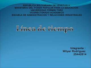 REPUBLICA BOLIVARIANA DE VENEZUELA
MINISTERIO DEL PODER POPULAR PARA LA EDUCACION
UNIVERSIDAD FERMIN TORO
VICERECTORADO ACADEMICO
ESCUELA DE ADMINISTRACION Y RELACIONES INDUSTRIALES
Integrante :
Wilyer Rodríguez
25442614
 