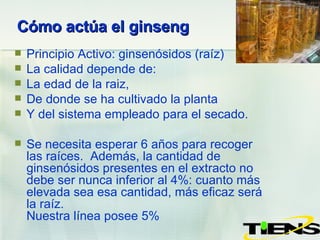 Cómo actúa el ginseng Principio Activo: ginsenósidos (raíz) La calidad depende de:  La edad de la raiz,  De donde se ha cultivado la planta Y del sistema empleado para el secado. Se necesita esperar 6 años para recoger las raíces.  Además, la cantidad de ginsenósidos presentes en el extracto no debe ser nunca inferior al 4%: cuanto más elevada sea esa cantidad, más eficaz será la raíz. Nuestra línea posee 5% 