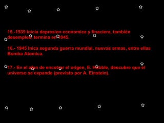 15.-1939 Inicia depresion economica y finaciera, también desempleo, termina en 1945. 16.- 1945 Inica segunda guerra mundial, nuevas armas, entre ellas Bomba Atomica. 17.- En el afan de encotrar el origen, E. Hubble, descubre que el universo se expande (previsto por A. Einstein). 