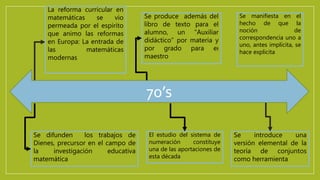 Se introduce una
versión elemental de la
teoría de conjuntos
como herramienta
La reforma curricular en
matemáticas se vio
permeada por el espirito
que animo las reformas
en Europa: La entrada de
las matemáticas
modernas
Se difunden los trabajos de
Dienes, precursor en el campo de
la investigación educativa
matemática
Se produce además del
libro de texto para el
alumno, un “Auxiliar
didáctico” por materia y
por grado para el
maestro
70’s
Se manifiesta en el
hecho de que la
noción de
correspondencia uno a
uno, antes implícita, se
hace explicita
El estudio del sistema de
numeración constituye
una de las aportaciones de
esta década
 