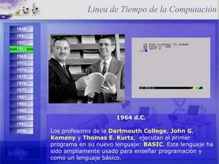 1964 d.C. Los profesores de la  Dartmouth College ,  John G. Kemeny  y  Thomas E. Kurtz ,  ejecutan el primer programa en su nuevo lenguaje:  BASIC . Este lenguaje ha sido ampliamente usado para enseñar programación y como un lenguaje básico. Linea de Tiempo de la Computación 1993 2000 1974 1971 1975 1984 1976 1977 1981 1985 1991 1949 1951 1957 1964 1969 