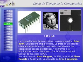 1971 d.C. La compañía Intel lanzó el primer microprocesador:  Intel 4004 , un pequeño chip de silicio. Se trató de un circuito integrado especialmente construido para efectuar las operaciones básicas de Babbage y conforme a la arquitectura de Von Neumann. Fue la primera Unidad Central de Procesos (CPU).  Ese año también  Alan Shugart , de IBM, inventó el  disco flexible  o floppy disk, un disquete de  5 1/4 pulgadas .  Linea de Tiempo de la Computación 1993 2000 1974 1971 1975 1984 1976 1977 1981 1985 1991 1949 1951 1957 1964 1969 