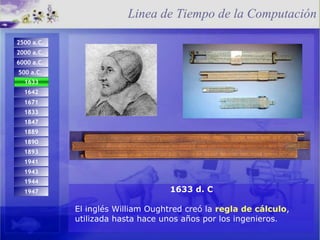 1633 d. C El inglés William Oughtred creó la  regla de cálculo , utilizada hasta hace unos años por los ingenieros .  Linea de Tiempo de la Computación 1944 1947 1671 1642 1833 1893 1847 1889 1890 1941 1943 2500 a.C.   2000 a.C.  6000 a.C.   500 a.C.   1633 d.C.  
