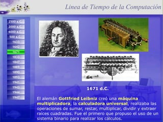 1671 d.C. El alemán  Gottfried Leibniz   creó una  máquina multiplicadora , la  calculadora universal , realizaba las operaciones de sumar, restar, multiplicar, dividir y extraer raíces cuadradas. Fue el primero que propuso el uso de un sistema binario para realizar los cálculos. Linea de Tiempo de la Computación 1944 1947 1671 d.C.  1642 1833 1893 1847 1889 1890 1941 1943 2500 a.C.   2000 a.C.  6000 a.C.   500 a.C.   1633 