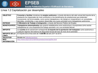 Línea 1.2 Capitalización por desempleo
 OBJETIVO        Fomentar y facilitar iniciativas de empleo autónomo, a través del abono del valor actual del importe de la
                 prestación por desempleo de nivel contributivo a los beneficiarios de prestaciones que pretenden
                 incorporarse, de forma estable, como socios trabajadores o de trabajo en cooperativas o en sociedades
                 laborales, constituirlas, o que quieren desarrollar una nueva actividad como trabajadores autónomos.
 ENTIDAD         El Ministerio de Trabajo e Inmigración, a través del Servicio Público de Empleo.
 BENEFICIARIOS   Trabajadores desempleados que quieran establecerse como autónomos o incorporarse como socios
                 trabajadores en una cooperativa de trabajo asociado o en una sociedad laboral.
 IMPORTE         La cuantía de la subvención corresponde al importe de la aportación del trabajador como autónomo a
                 cualquier régimen del sistema de Seguridad Social del mes de inicio de la actividad.
 IMPORTE DE LA   El importe de la línea será de 1.436 M€ del año 2011 al 2015.
 LÍNEA
 SOLICITUD       Modelo de Solicitud archivo.
 MÁS             http://www.sepe.es/contenido/prestaciones/ag00e.html
 INFORMACIÓN
 