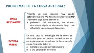 ONDA
RESONANTE
Presenta un pico sistólico muy agudo,
obteniéndose una PAS falsamente alta y una PAD
falsamente baja. Suele deberse a:
a. problemas del transductor, un sistema
demasiado rígido o demasiado largo que
dificulta la transmisión de las ondas.
LECTURA
IRREAL
En este caso la morfología de la curva es
adecuada pero los valores numéricos no se
corresponden con los valores de la curva es la
escala. Se puede deber a:
a. la mala colocación del transductor o
b. a una calibración incorrecta
PROBLEMAS DE LA CURVA ARTERIAL:
 