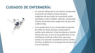 CUIDADOS DE ENFERMERÍA:
I. En caso de reflujo por la vía arterial, compruebe
la posición de todas las llaves de paso,
asegúrese de que todas las conexiones están
apretadas y lave el catéter; además, compruebe
la bolsa de presión para asegurarse de que está
a 300 mmHg.
J. Si no puede lavar la vía, compruebe la posición
de todas las llaves de paso, compruebe el
catéter para detectar si hay torceduras e intente
lavarla otra vez. Si aun así no puede lavar la vía,
notifíquelo al jefe de enfermería, para que
evalúe una solución al problema (como cambio
de línea, problemas en el equipo de transductor
o en el monitor).
 